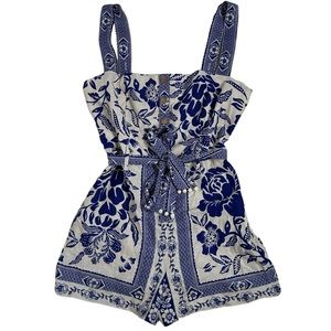 NWT Rachel Zoe Blue Floral Linen Blend Romper